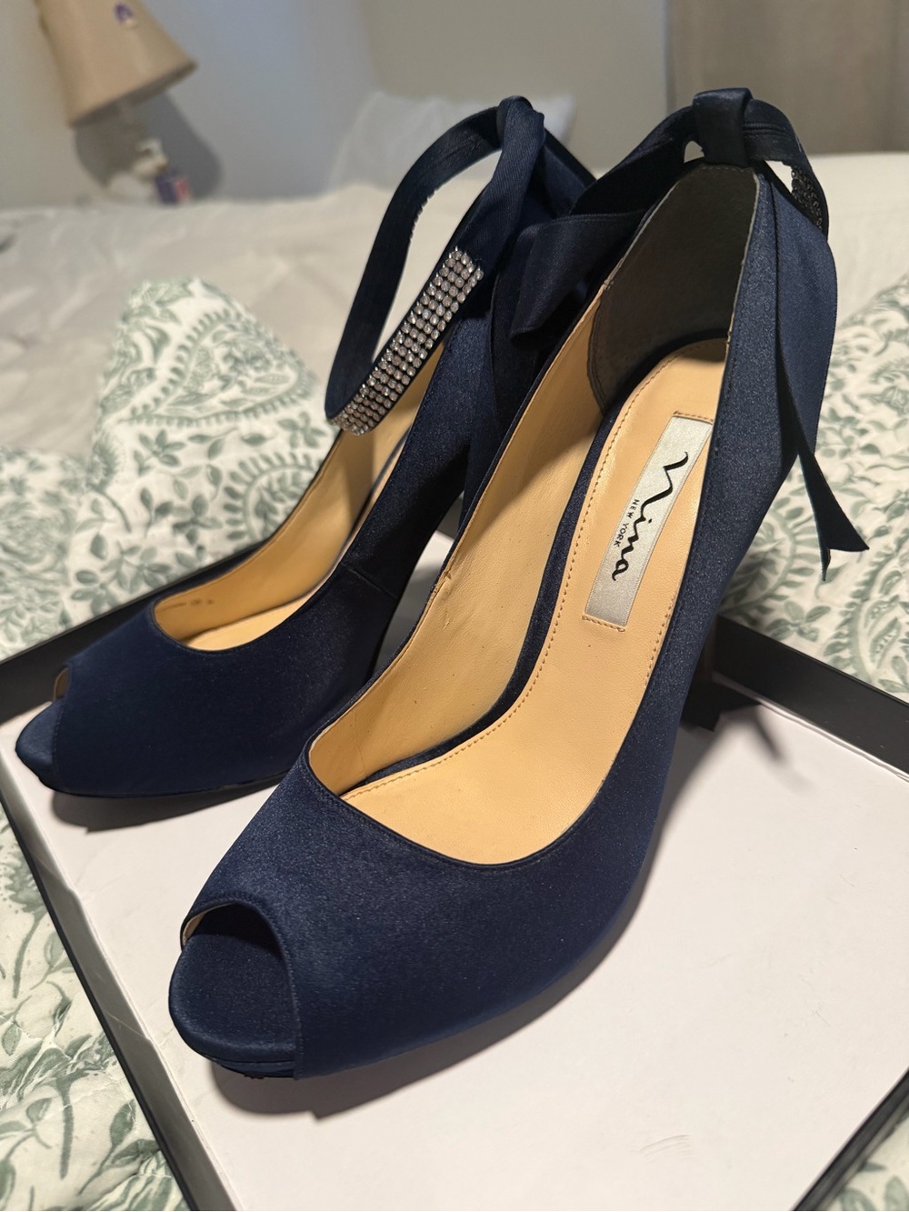 Nina Navy Satin Peep-Toe Heels with Ribbon Tie and Crystal Accent